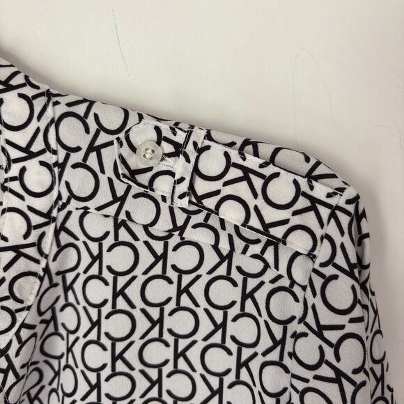 Calvin Klein Roll Sleeve V Neck Button Down CK Logo Size M Dressy Blouse #BD - Picture 6 of 10
